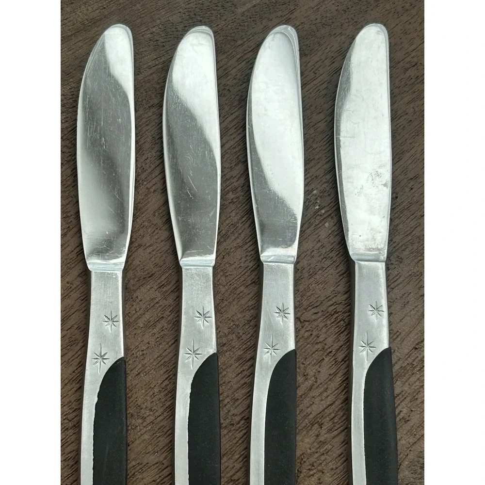 Vintage Mar-Crest Ebony 4 Butter Knives MCFMCF3 Stainless Atomic Starburst Japan